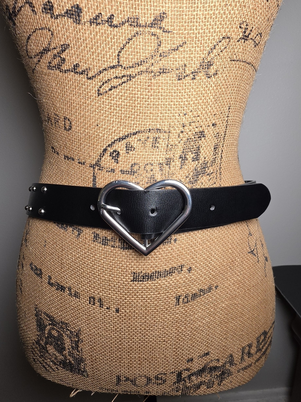 Black Heart-Buckle Waist Belt with Silver Hardware